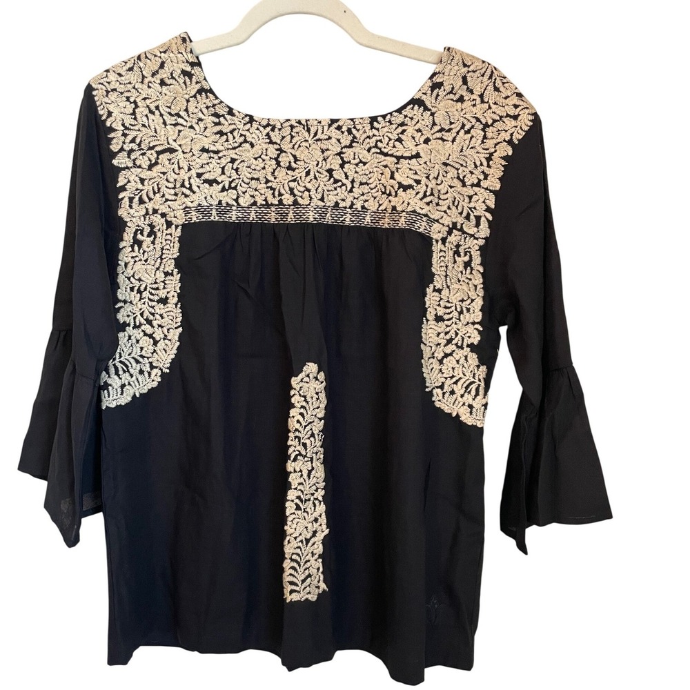 J.Marie Size S Embroidered Oaxacan Style 3/4 Bell Sleeve Top Black Tan Boho